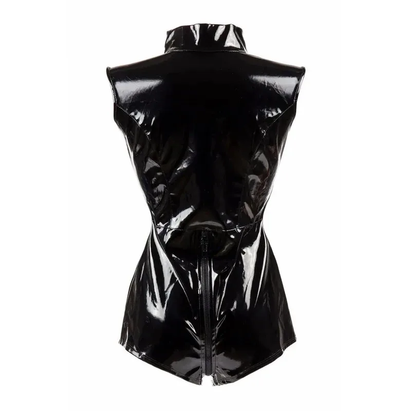 Sexy Black Zipper Women PVC Faux Leather Jumpsuit Wet Look Clubwear Motorcycle Costume