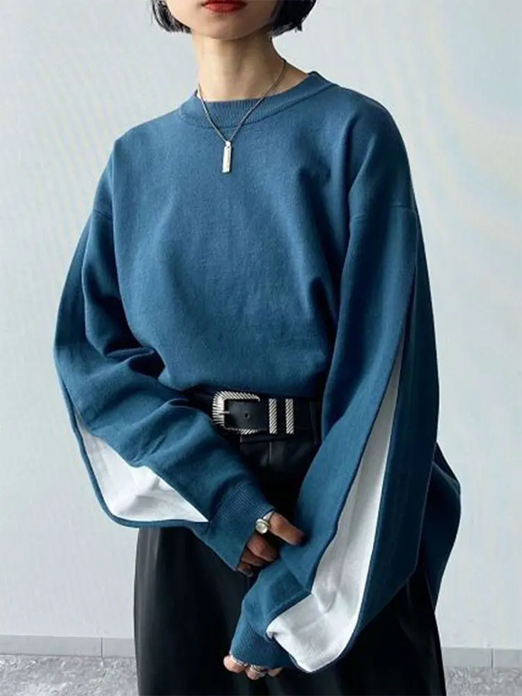 Otoño nuevo sin Sudadera con capucha mujer ropa de calle moda manga larga Patchwork cuello redondo pulóver señora versátil tejido Casual ropa delgada