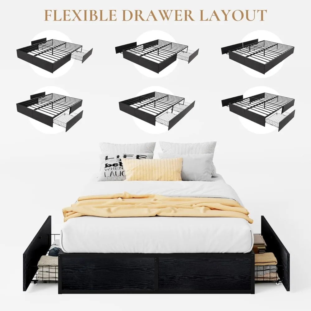 Queen Platform Bed Frame with 2 Large Storage Drawers, Noise-Free, Easy Assembly, No Box Spring Needed, Bed frame with storage