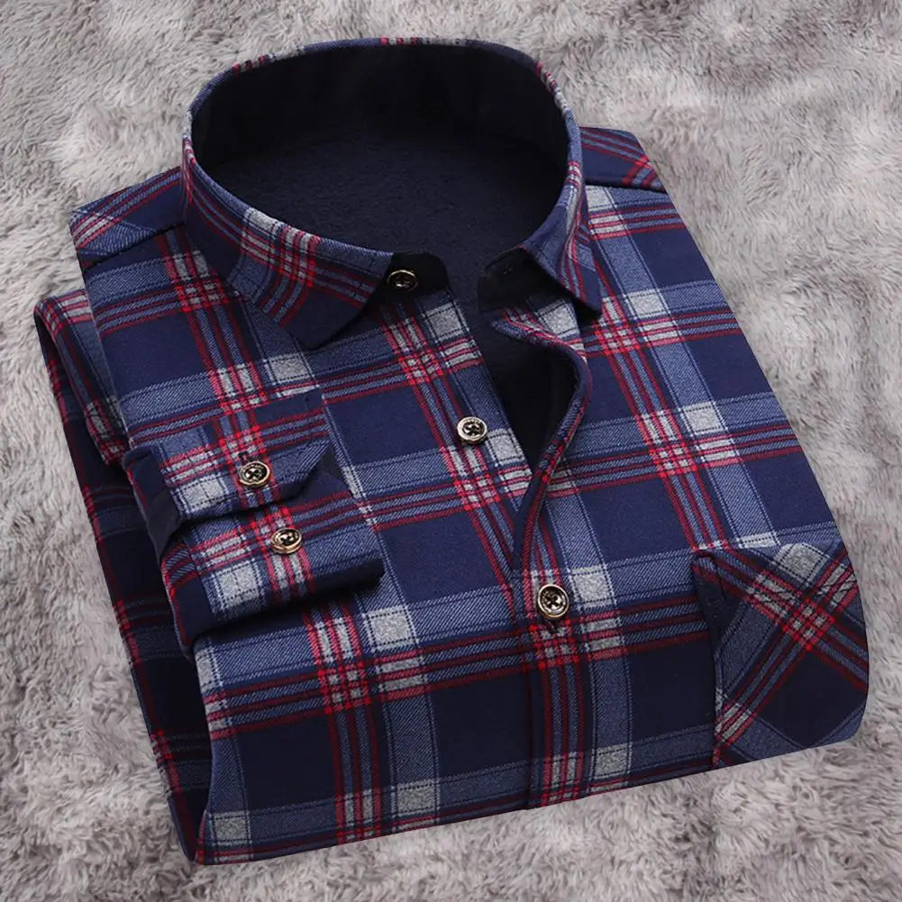 Men Winter Shirt Plaid Print Soft Long Sleeves Thick Plush Keep Warm Cardigan Single-breasted Spring Shirt for Daily Wear