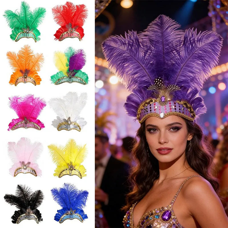 Vintage Gorgeous Colorful Indian Ostrich Feather Headpiece Makeup Ball Stage Performance Styling Carnival Event Hair Accessories