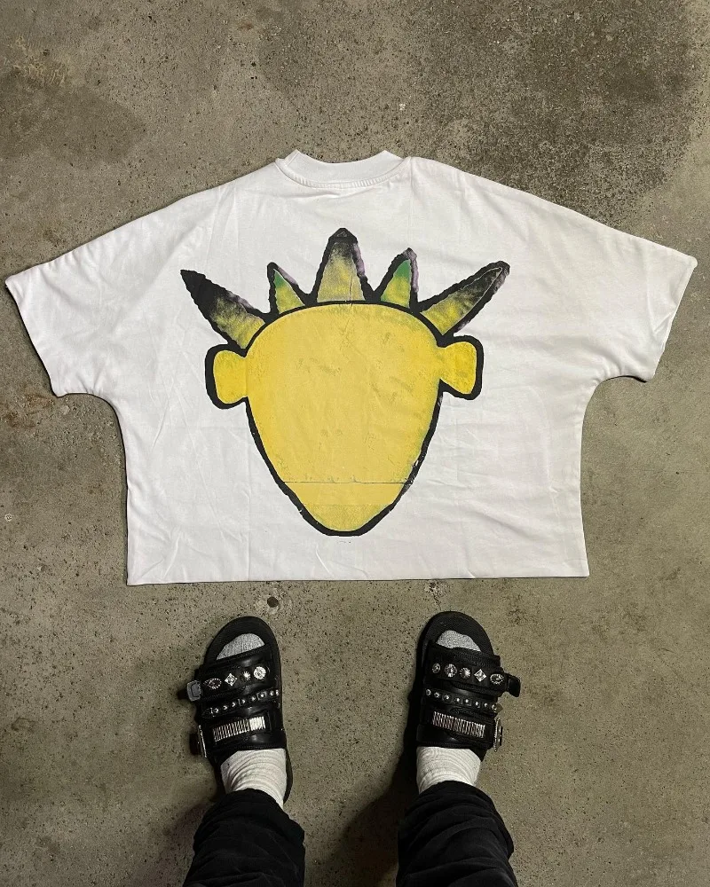 Y2K American vintage cartoon print short sleeve T-shirt Men Harajuku fashion High street couple oversized casual shirt