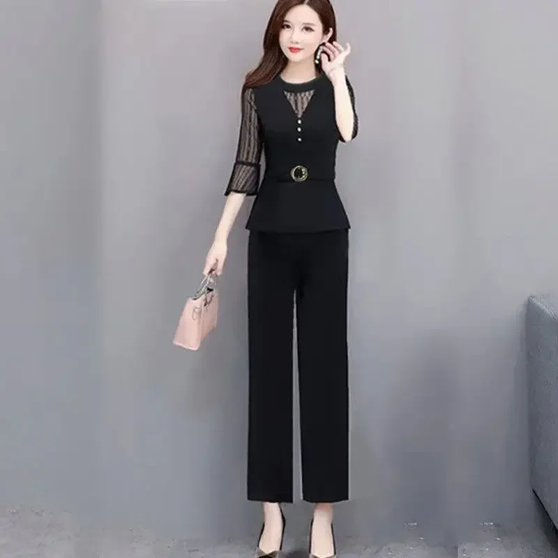 

Женский корейский костюм, однотонные широкие брюки и блузки, комплект из 2 предметов, тонкий укороченный топ с v-образным вырезом и расклешенными рукавами, новинка лета 2023 г.