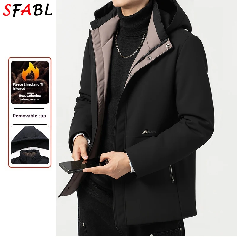 Removable Hood Parka Men Cotton Padded Men's Winter Jacket Windbreak Thermal Jackets Coat Fleece Lining Ski Snow Jacket Overcoat