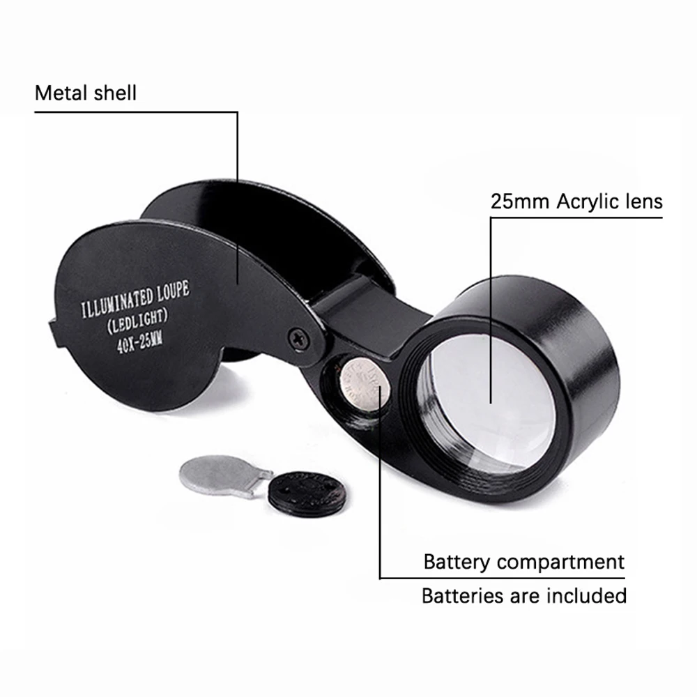 Imagem -05 - Jóias Iluminadas Lupa Led Lupa Dobrável Lente Diâmetro 25 mm Lupa de Bolso para Jade Apreciação 40x