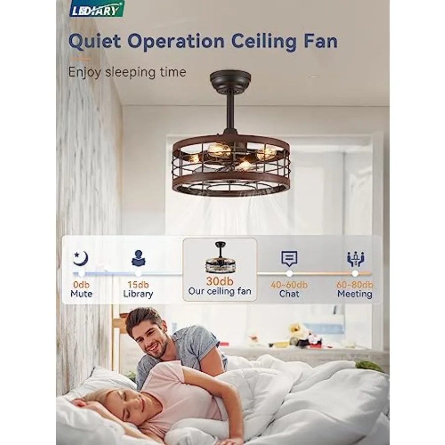 Kitchen, bedroom, farmhouse ceiling fan with walnut-finished rustic metal, bladeless industrial design, 6-speed remote control,