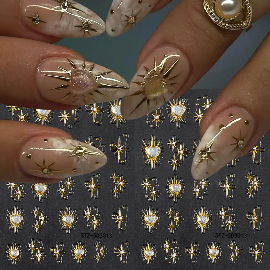 2pcs Shiny Y2K Golden Heart Star With Rhinestones 3D Nail Art Stickers Decals Adhesive Sliders Nail Charms Decorations Manicure