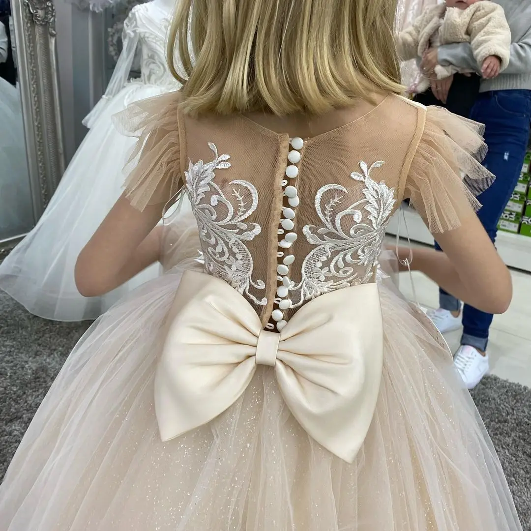 Xunbei Vestido De Fiesta สาวชุดลูกไม้ Tulle Bows เด็ก First Communion ชุดเจ้าหญิงชุดบอลงานแต่งงานชุด