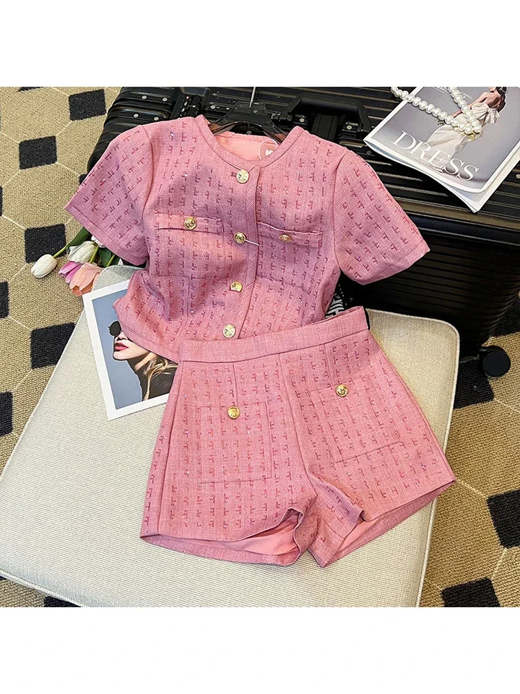 2024 Summer Women Fashion Brand Short Sleeve Two Piece Sets Coat + Mini Short Casual Streetwear Pink Color Female Short Suits
