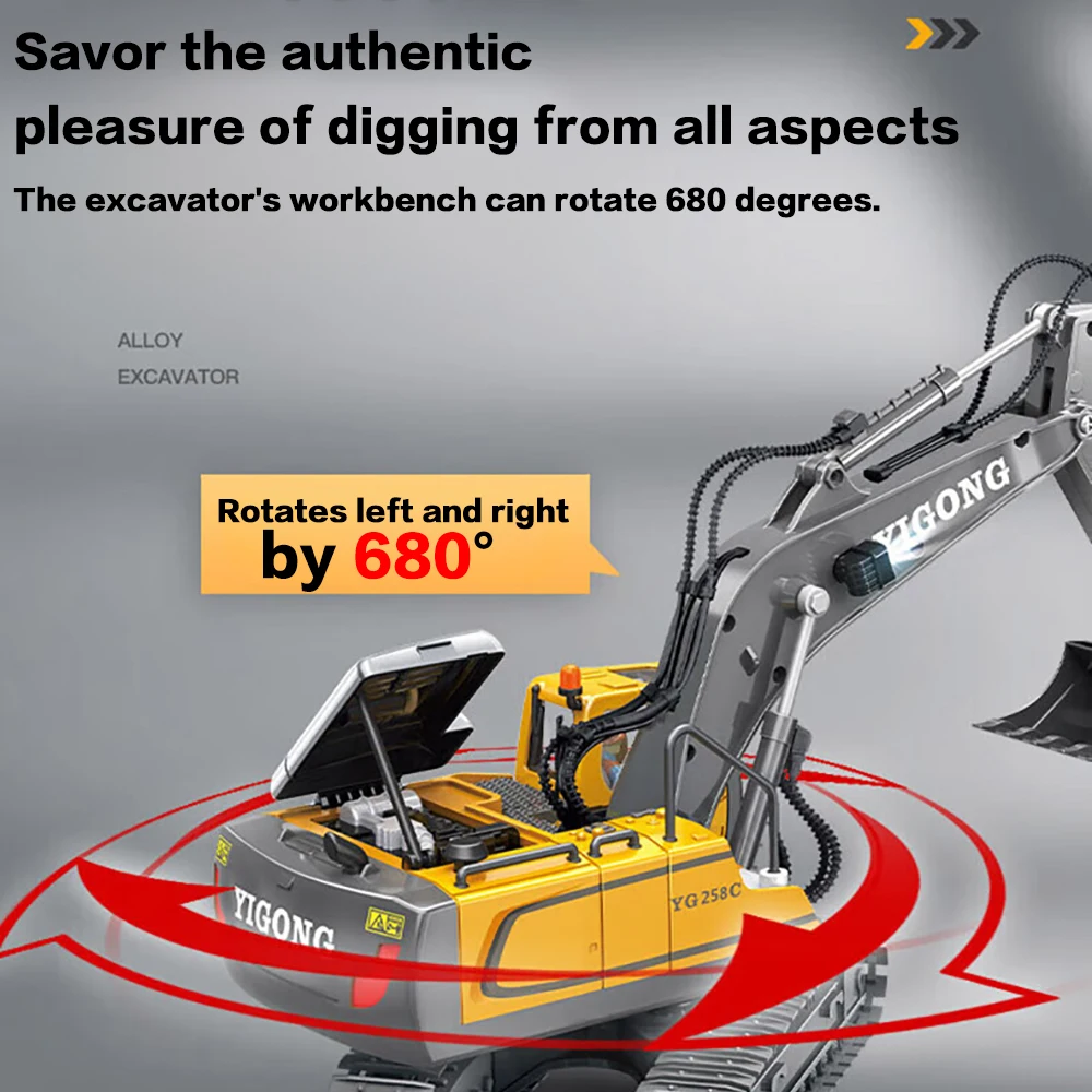 

11CH Alloy RC Excavator 680 Degree Rotation Lights Sound 2.4G Remote Control Construction Vehicle Toy for Kids Christmas Gifts