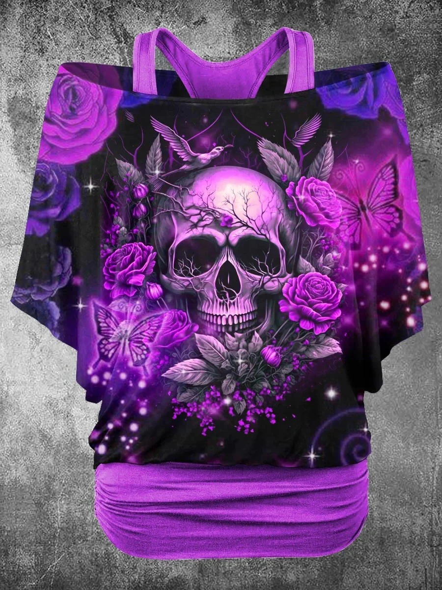 PLstar Cosmos 3D Printed Horror Skull Pattern Faux Two-Piece Top Women's Casual T-Shirt Harajuku Streetwear