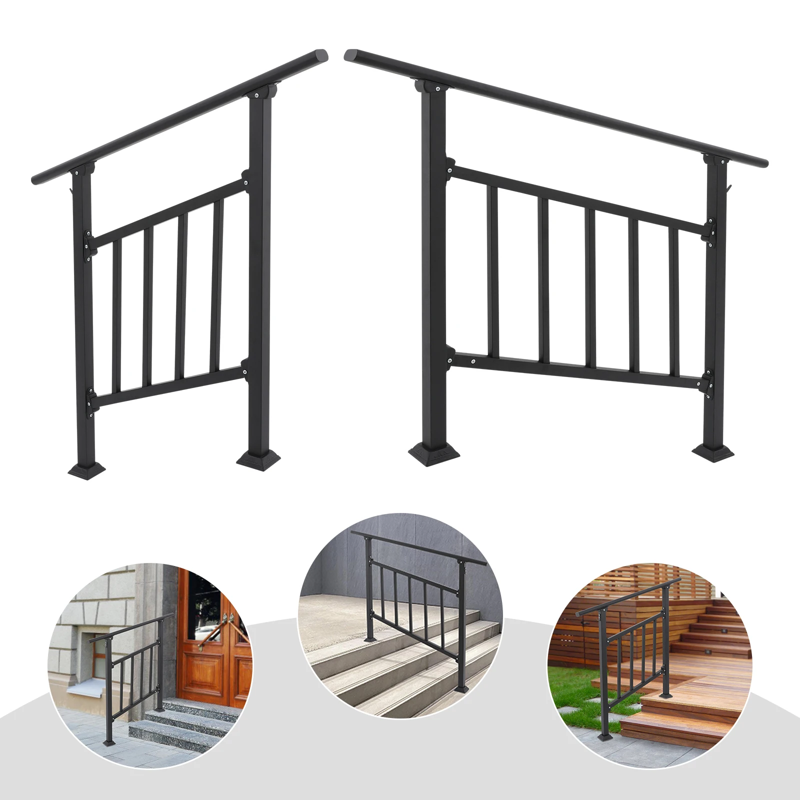 Pagar Tangga Baja Karbon 3 Langkah/4 Langkah, 40x37in/53x37in Hitam dengan Pagar Terpasang di Langkah untuk Tangga Luar Ruangan