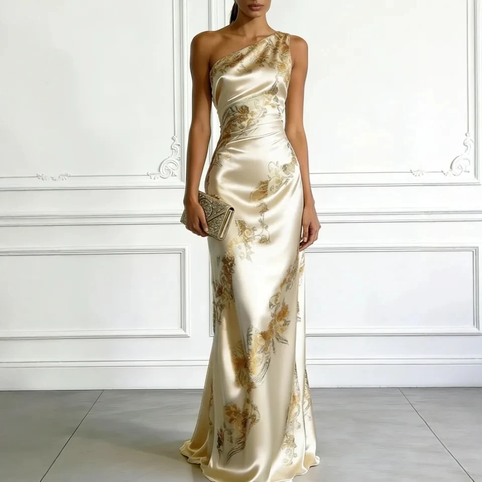 

2026 New Gold Print One Shoulder Long Evening Gown Banquet Dress Women Elegant Temperament Dress Outfit