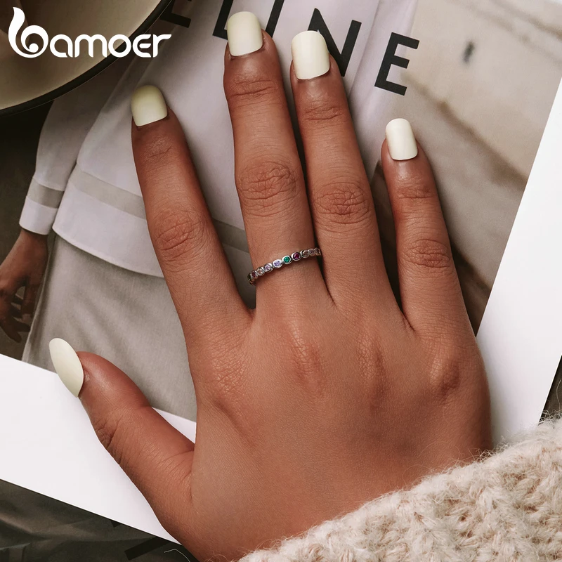 BAMOER 925 Sterling Silver Rainbow Zircon Finger Ring for Women Trendy Fashion Dazzling CZ Stone Anillos Jewelry Gift SCR714