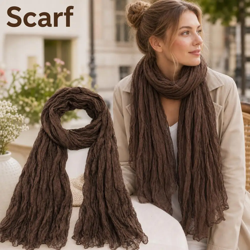 Solid Color Pleated Long Scarves Retro Autumn Winter Cotton Hemp Scarf Warm Neck Wrinkled Twisted Vintage Soft Wrap Shawl ﻿