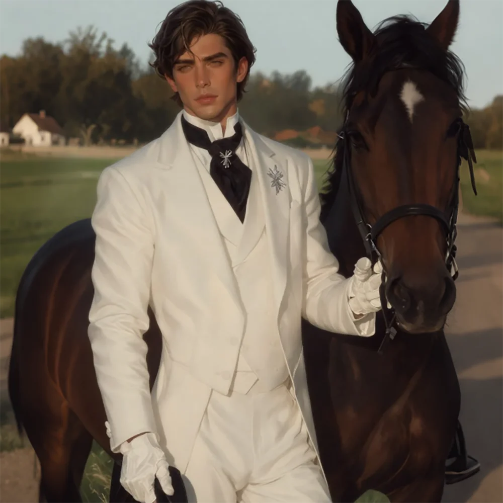 Timeless Men White Long Tailcoat Suit Single Breasted Jacket Vest Pants Equestrian Outdoor Luxury Wedding Groom Elegant Outfit