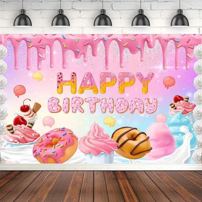 Photography Backdrop Ice Cream Girls Colorful Donut Dessert Candy Bar Birthday Party Decoration Background Poster Photo Studio