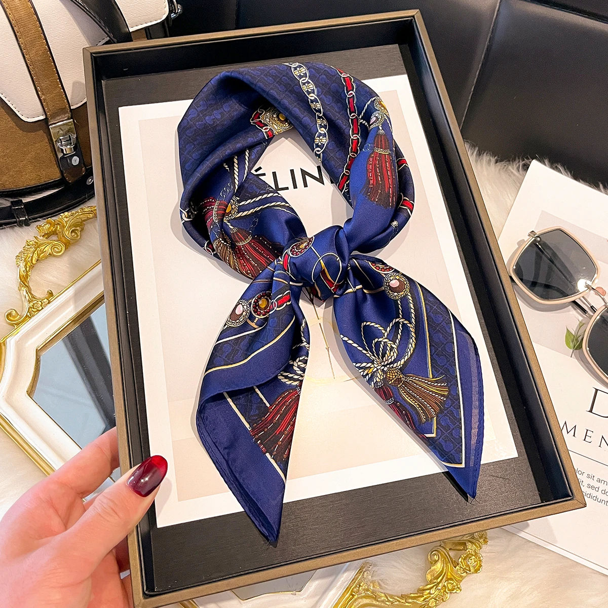 

Silk Imitation Scarf for Women Square Design Print Hairbands Foulard Bandana Neck Kerchief Headbands Decoration