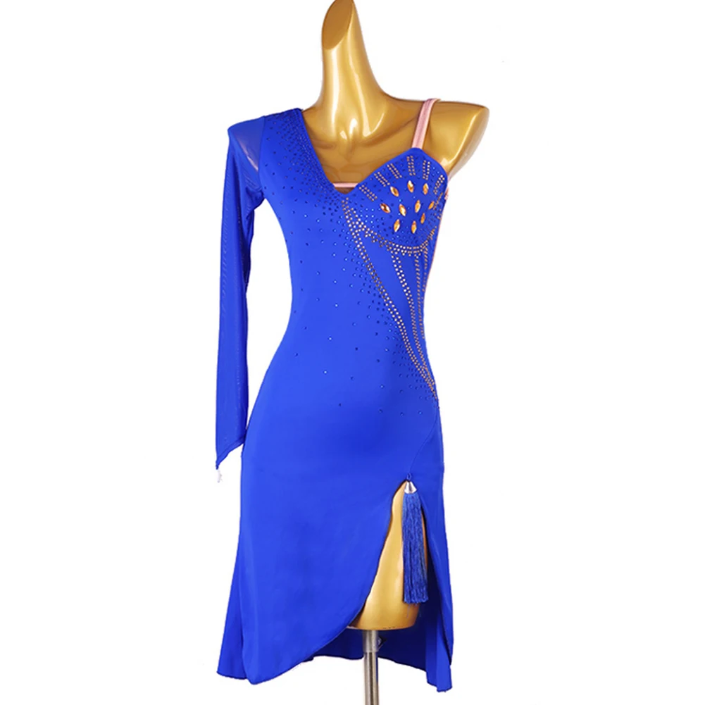 Falda de baile latino para mujer, traje de baile con abertura, estilo borla, Vestido de manga larga, elegante y hermoso, traje de Rumba con tirantes