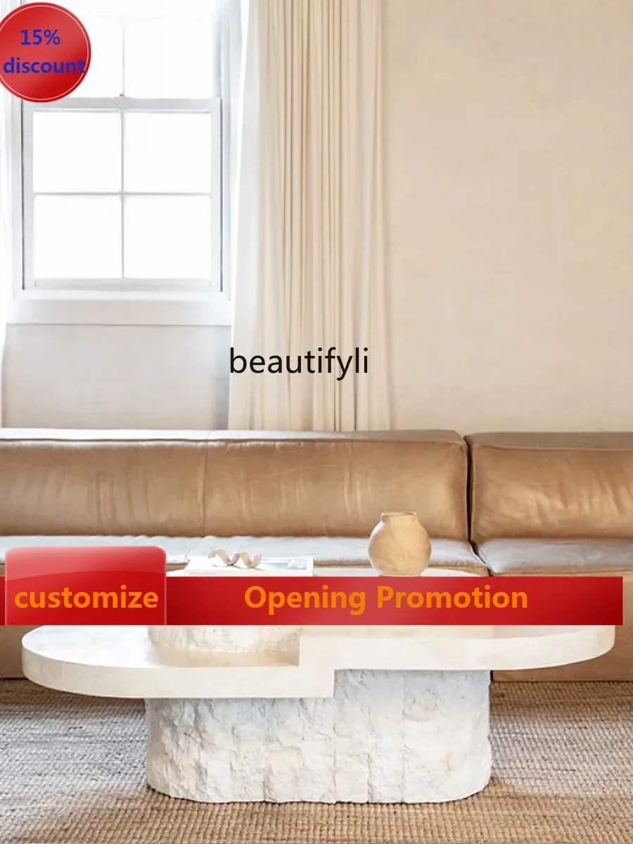 

G1218 Nordic natural marble coffee table wabi sand wind travertine tea table oval creative art coffee table G1218