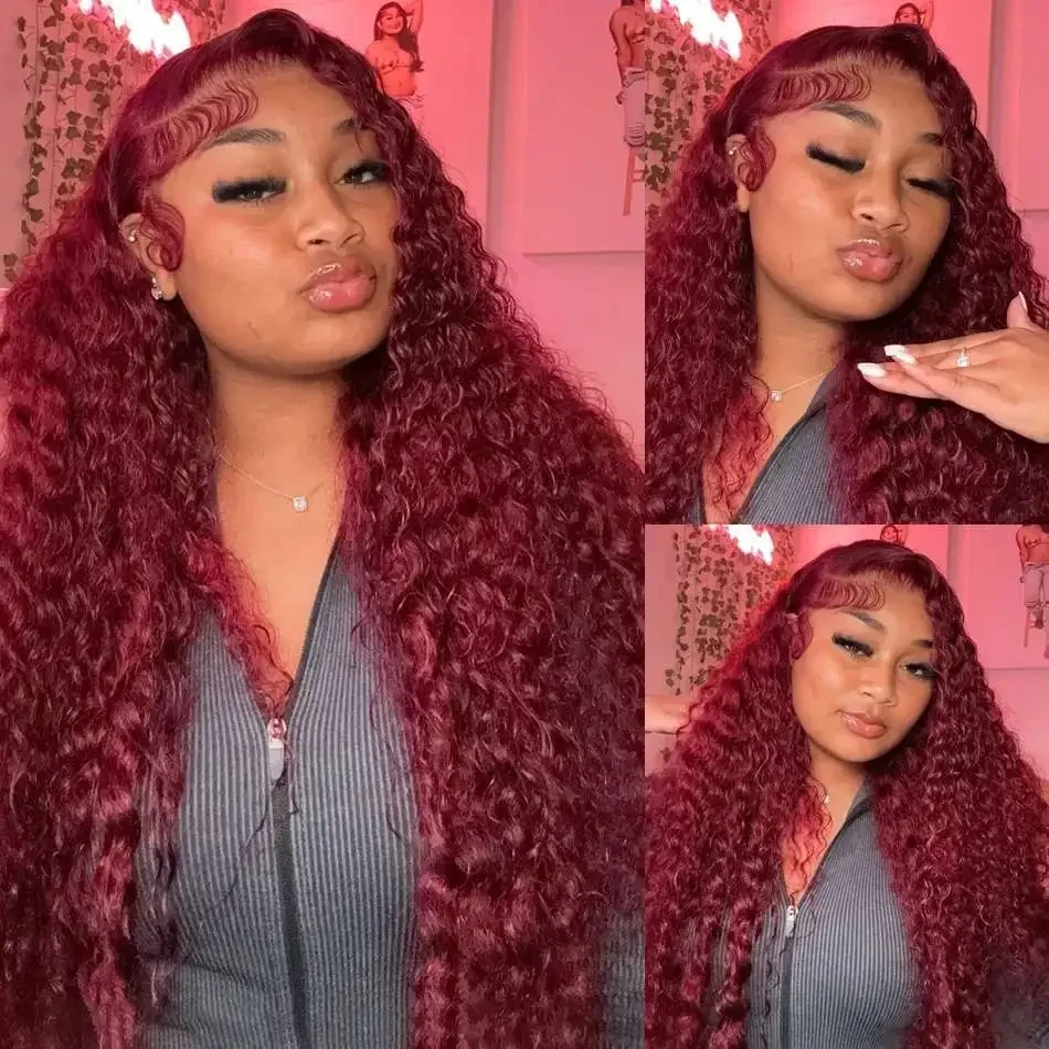 32 بوصة 99j بورجوندي 13x6 Hd الدانتيل أمامي باروكة من شعر طبيعي أحمر اللون ريمي شعر مستعار 13x4 الدانتيل الشفاف مجعد موجة عميقة شعر مستعار أمامي