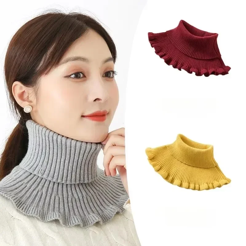 Women High-neck Fake Collar Scarf Turtleneck Knitted False Fake Collar Detachable Scarf Warm Winter Windproof Ruffles Wrap Scarf