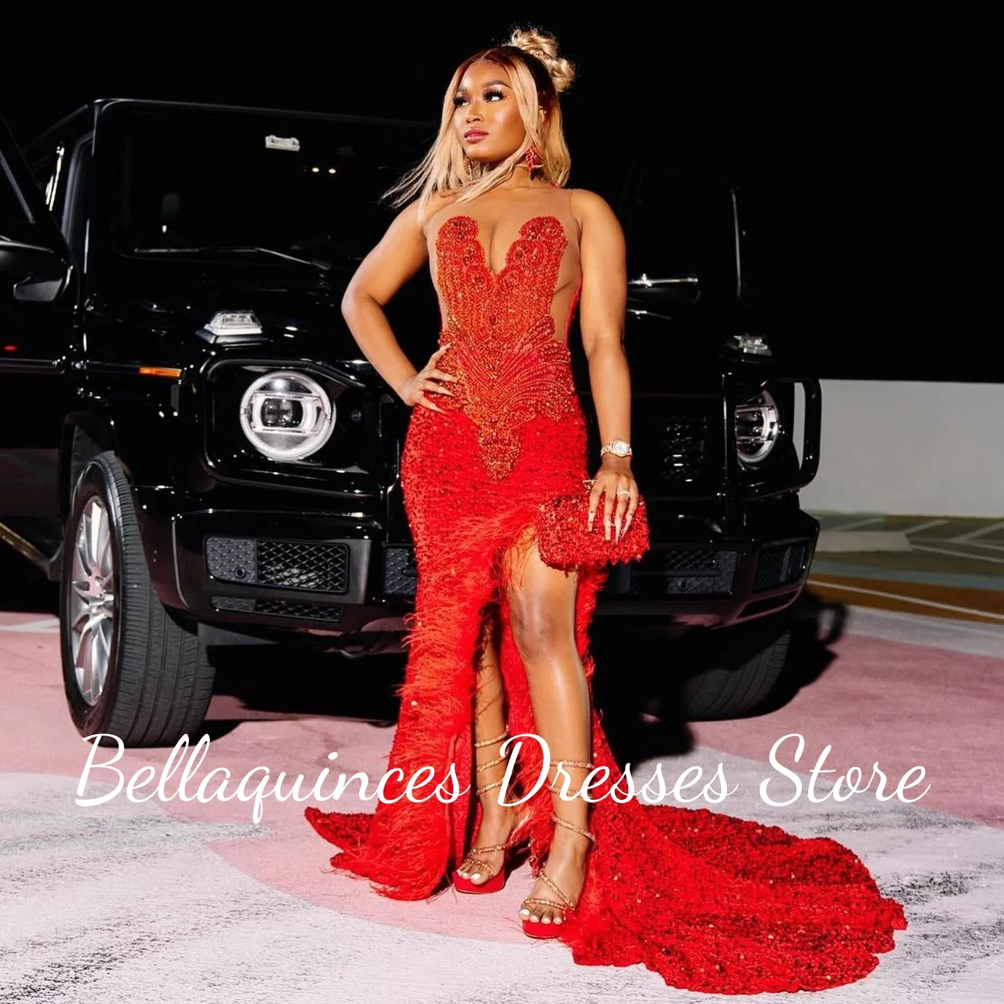 Glitter lantejoulas vermelho vestidos de baile preto menina 2025 alta fenda pena cristal frisado longo vestido de festa feminino luxo personalizado