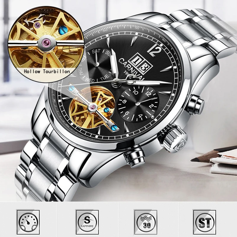 Carnival Luxury Tourbillon Mechanical Watch Mens Stainless Steel Waterproof Luminous Automatic Watches for Men Relogio Masculino