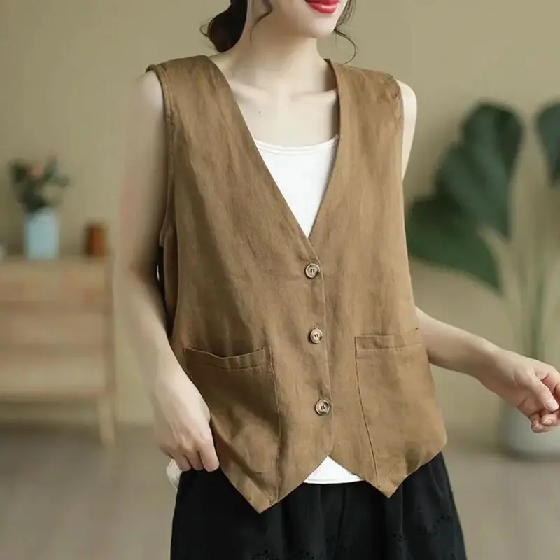 Womens Cotton And Linen Vest Thin Waistcoat
