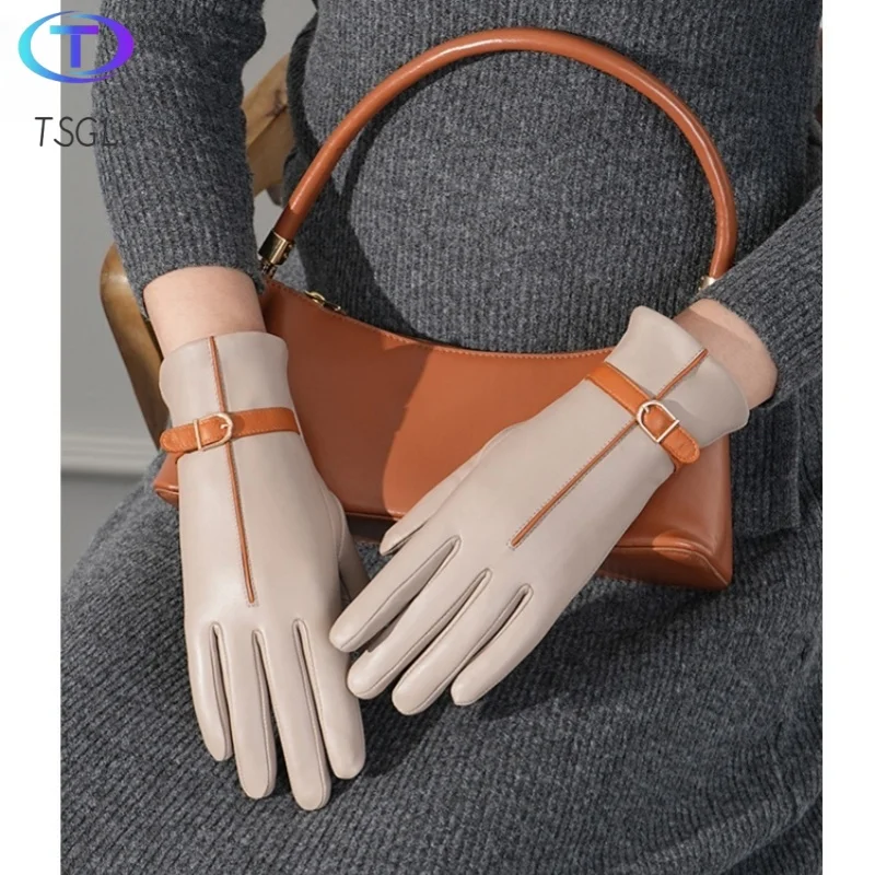 

Fashion Women's Natural Sheepskin Leather Glove Female Winter Warm Windproof Genuine Leather Driving Glove