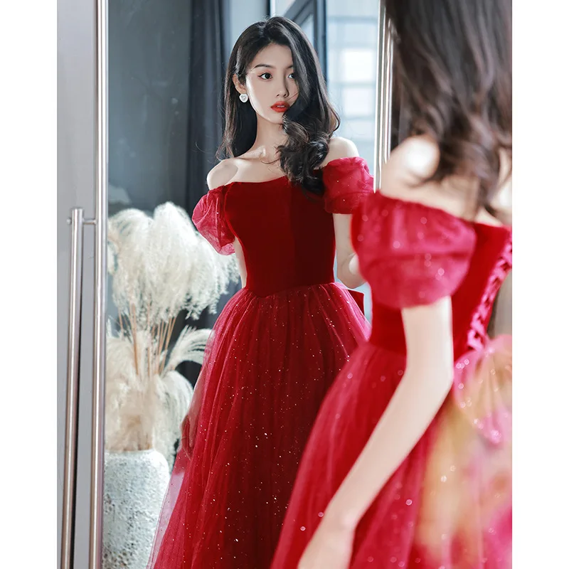 Wine Red Off the Shoulder Evening Dress Luxury Velvet  Puff Sleeves Princess Dresses Tulle Sequins A-Line Engagement Gown