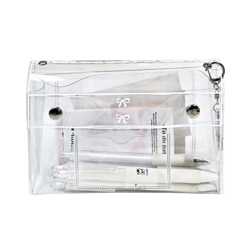 4-lagiges, transparentes Federmäppchen, großes Fassungsvermögen, wasserdichtes PVC-Federmäppchen, Aufbewahrungsbox für Schüler, schlichte, multifunktionale Kosmetiktasche. – Detail 5