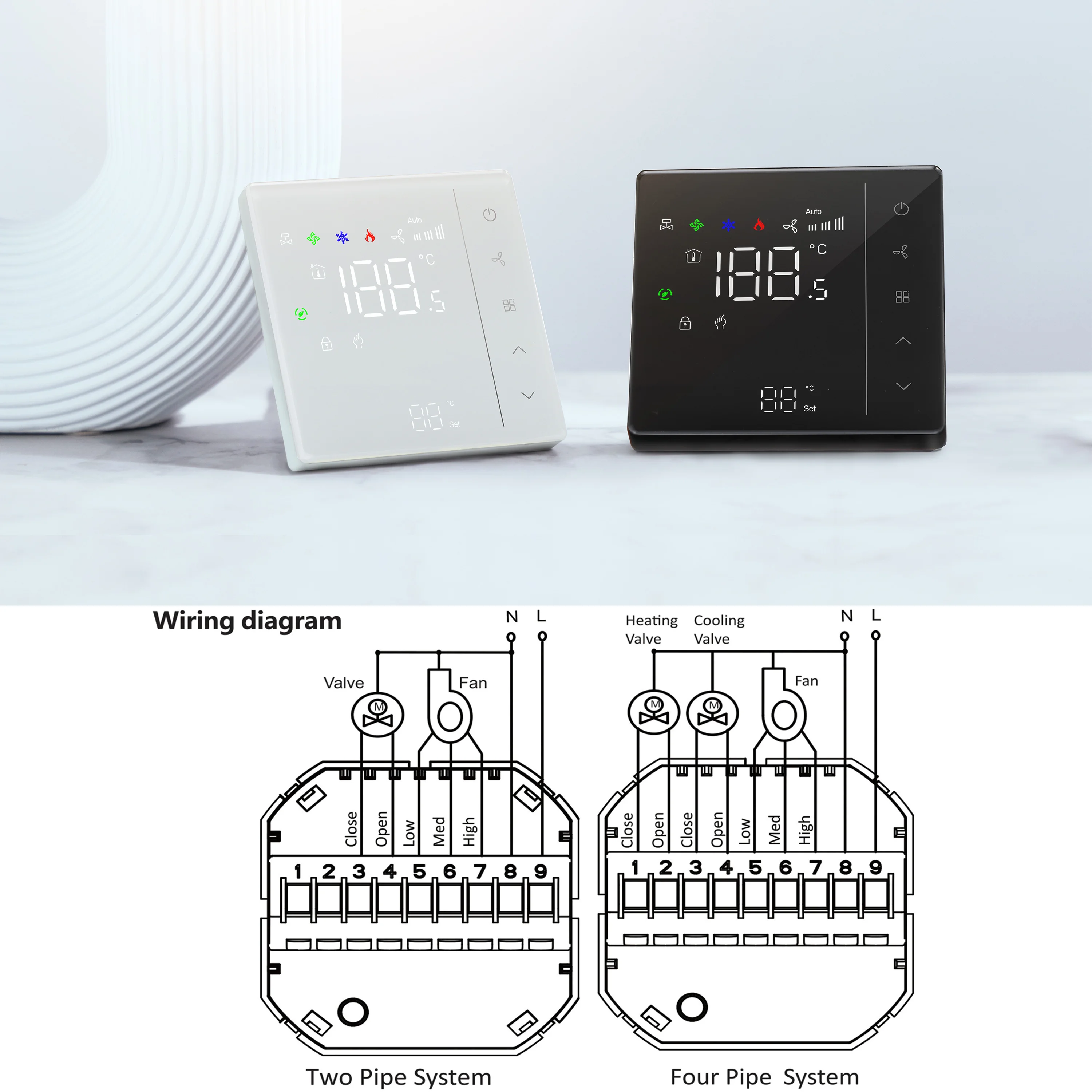 24V 220V NC/NO Valve 3-Speed Touch Screen Thermostat for Temperature Control Fan Coil Unit Work with Duct System