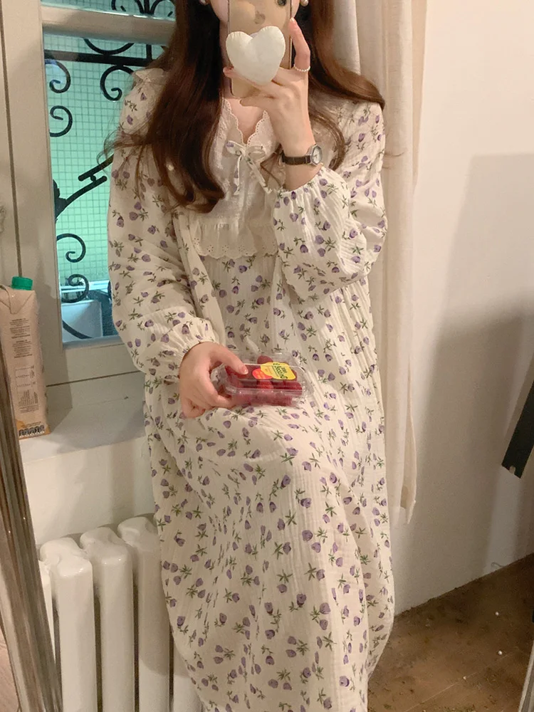 Sweet Flowers Floral Print Sleepwear Korean Lace Spring Long Sleeve NightDress Women Loose Splicing Elegant Casual Pajama Set