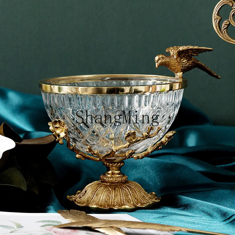 FG high-grade crystal glass fruit plate light luxury coffee table household brass engraved candy bowl dried fruit plate ornament