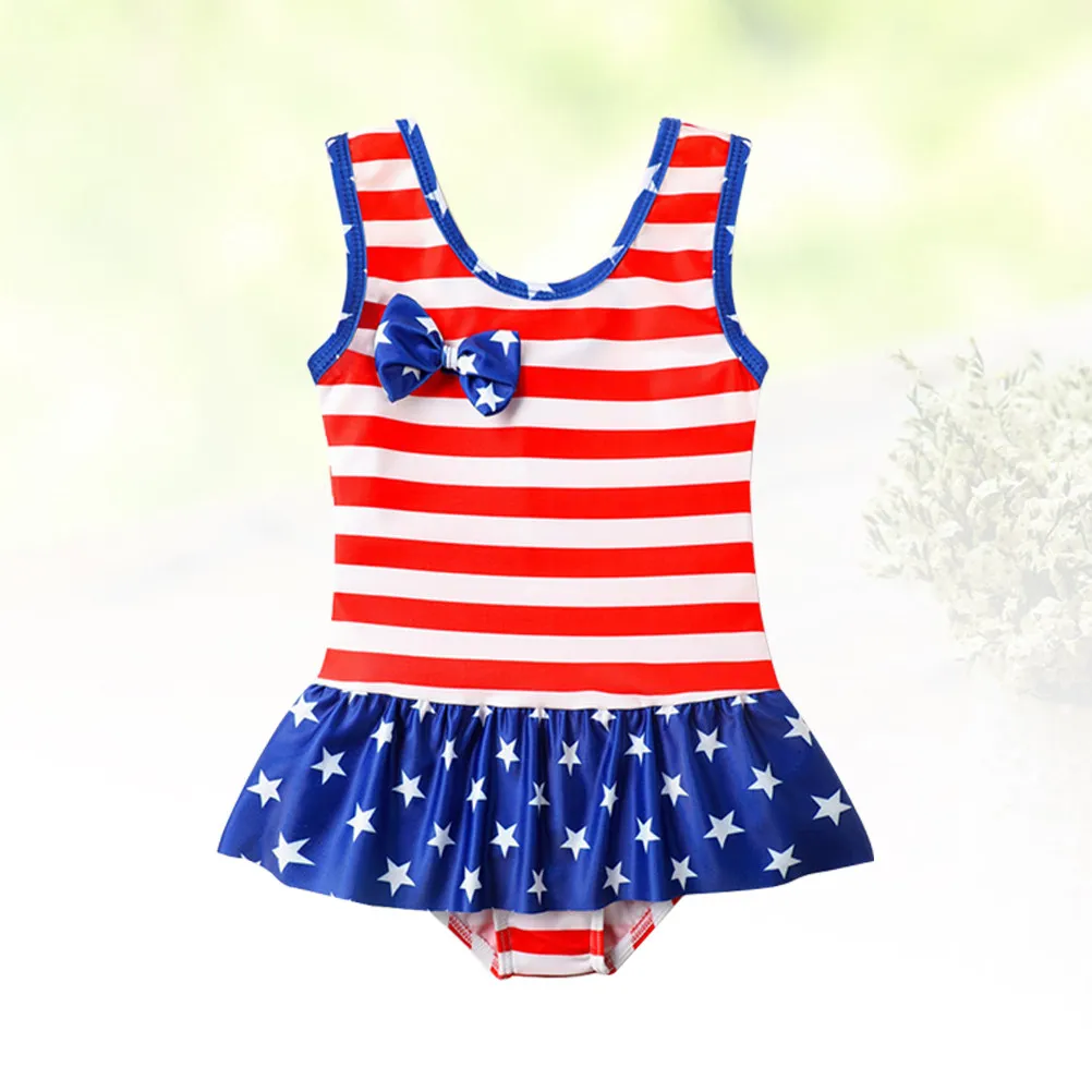 

America Flag One-Piece Swimsuit Flouncing Lace Swimwear Summer Beach Pool Party 5-6 Years Old Swimwear
