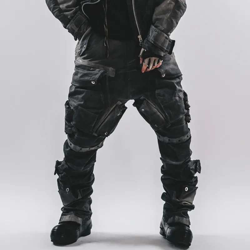 HKSH Spring Autumn New Men Punk Three-Dimensional Rivet Wide-Leg Three-Dimensional Pockets Vintage Patchwork Cargo Pants HK14943