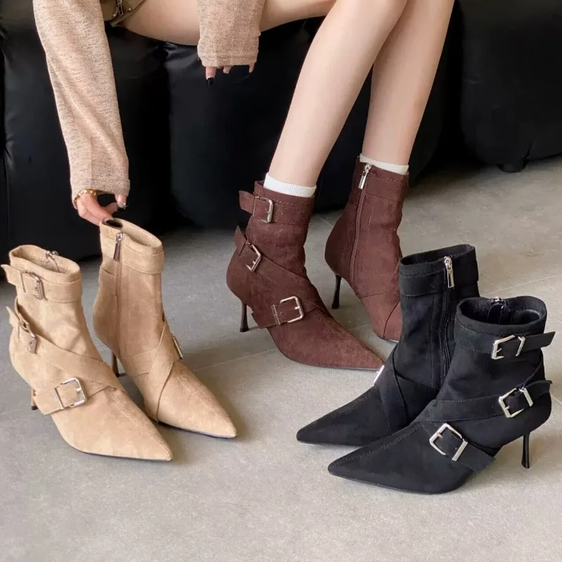 Spring Autumn Retro Style Solid Belt Buckle High Heel Women's Ankle Boots 2026 Fashion Pointed Toe Side Zipper Casual Women Boot