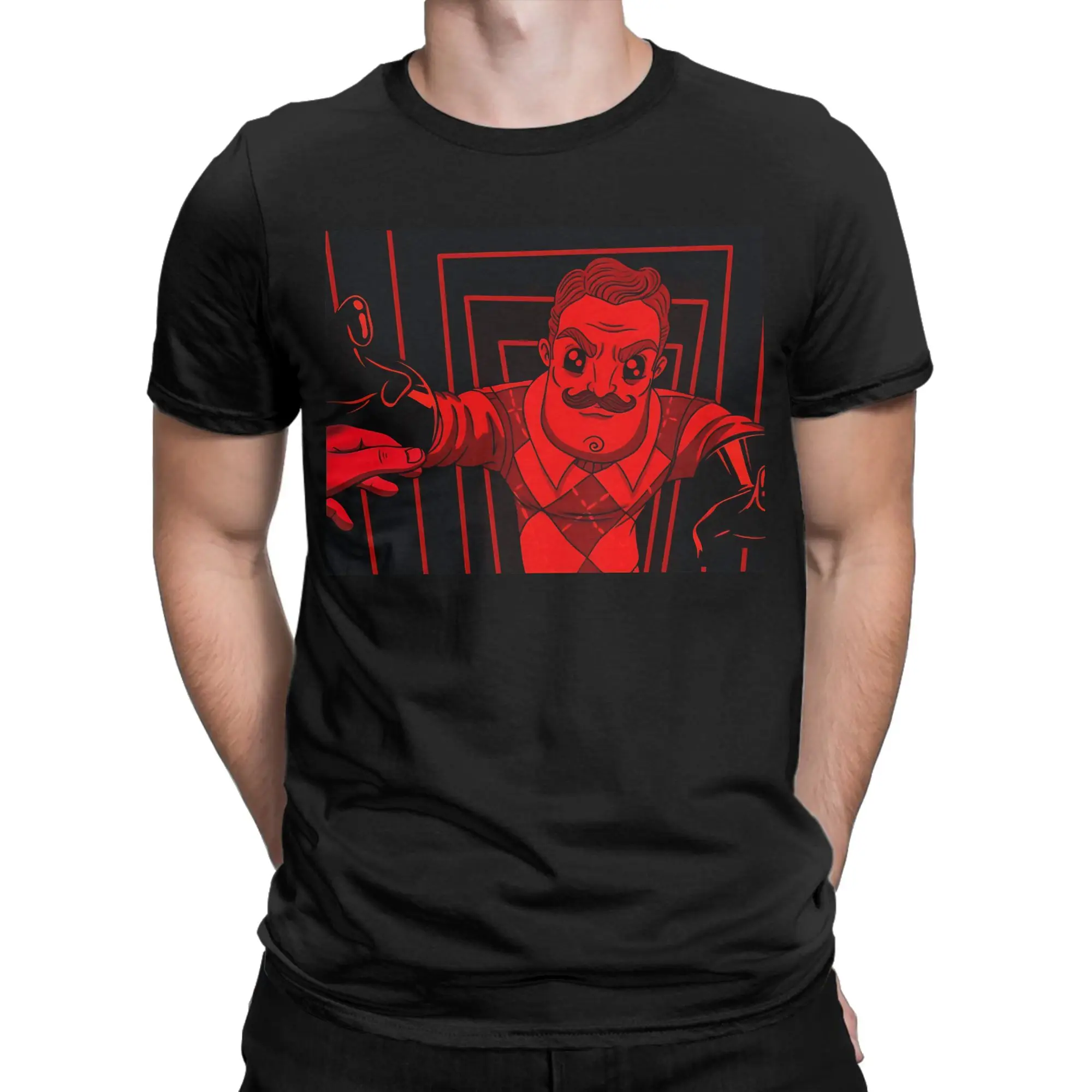 Stylized Bearded Man  Classic Hello Neighborr Funny Graphic 100% Cotton T-Shirt Tops Tees For Men