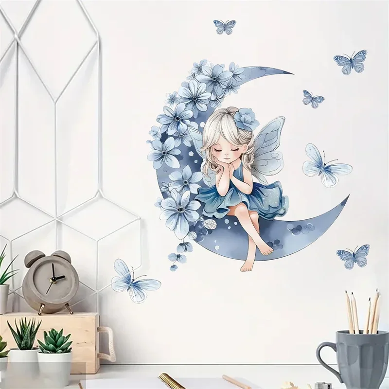 Flower Fairy on Moon Butterfly Wall Stickers for Girls Room Bedroom Kids Baby Room Decoration Home Decor Wall Decor Art Decals