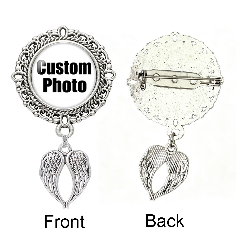 Personalize Custom Lace Round Brooch Pin Angel Wings Hearts Love Charms Photo Wedding Family Anniversary Grandma Collar Badge