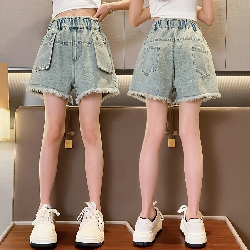 Frayed Hem Denim Shorts With Patch Cargo Pockets Vintage Distressed Washed Elastic Waist Girls Summer Loose Casual Jeans Shorts