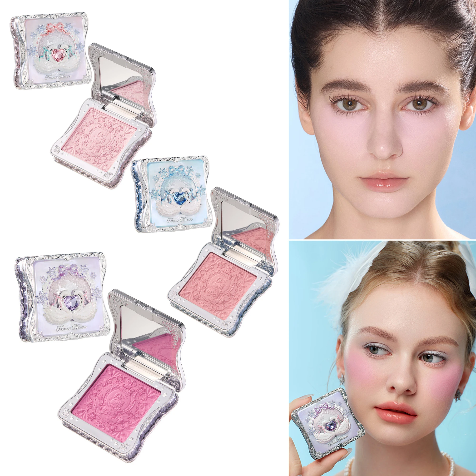 Flower Knows Swan Snowflake Ballet Velvet Embossed Blush Matte Makeup Pressed Blusher Powder Pallet Women Gift Set