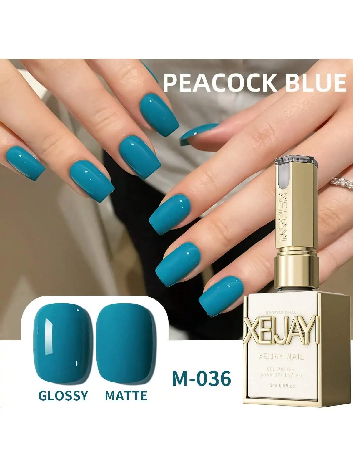 

XEIJAYI 1PC 15ML Nail Polish - Peacock Blue, Peelable UV LED, Oval Shape, Glossy Finish, Solid Pattern, For Nail Salon