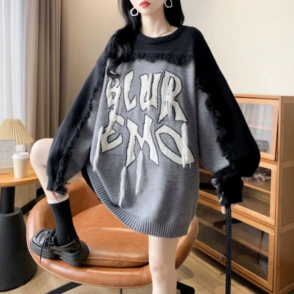 

High Street American Retro Style Contrasting Color Splicing Letter Tassel Knitted Sweater Women Autumn Winter New Loose Top