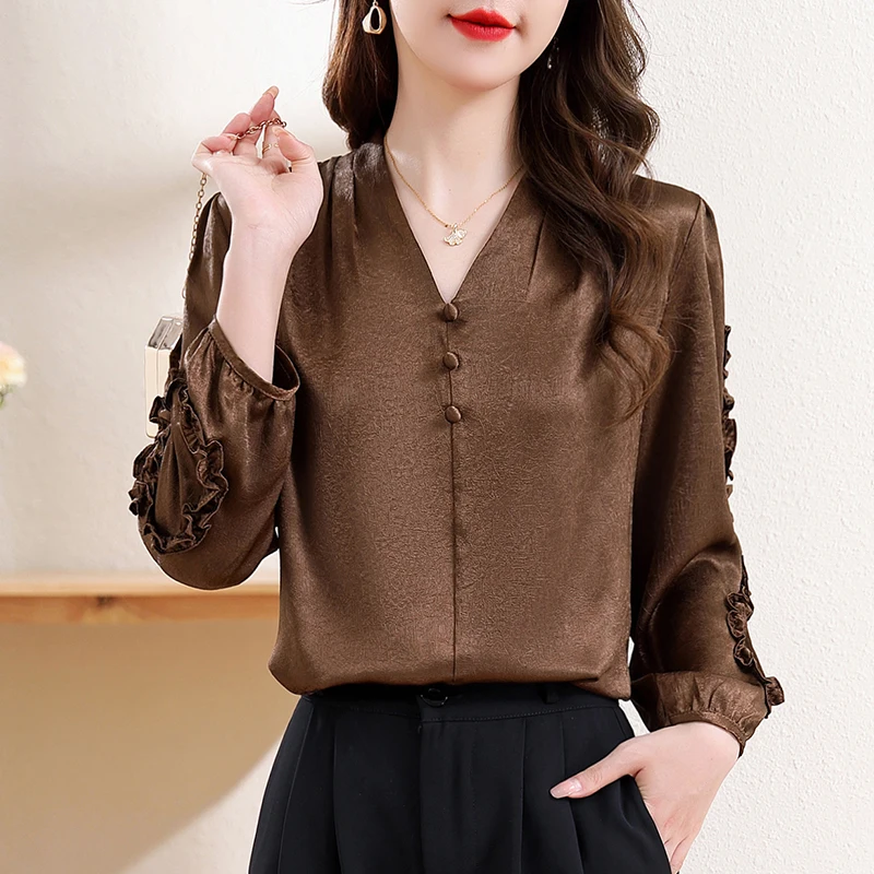 

Women Spring Summer Blouses And Shirts Solid Color Chic Ruffles Ladies Casual Long Sleeve V-Neck Satin Tops
