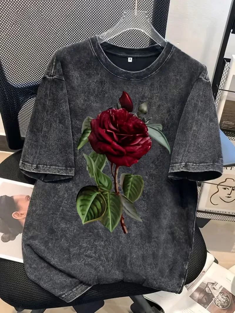 Ace of Hearts Black Rose Grafik-T-Shirt für Damen, Vintage-Waschung Dunkelgrauer Druck Locker Sitzendes Lässiges Kurzarm-Sommer-Oberteil für den Alltag – Detail 3