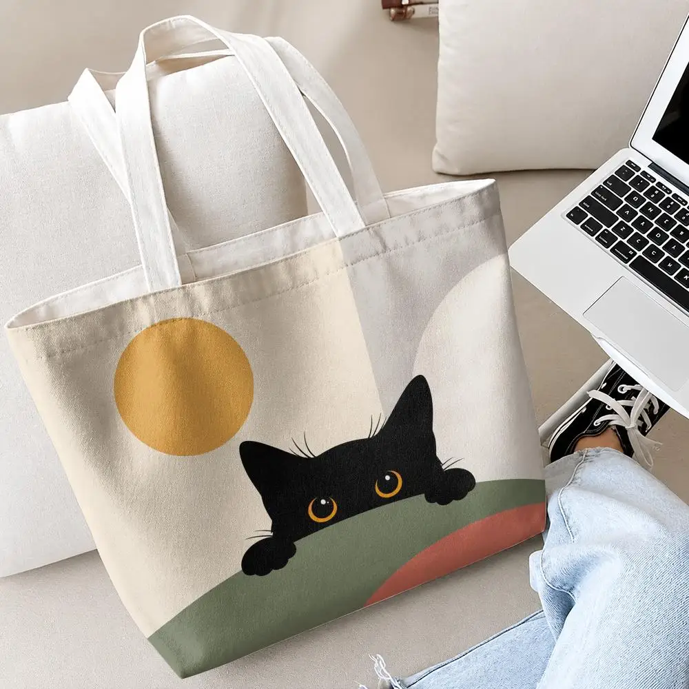 Cute Cat Cartoon Animal Storage Bags 2PC Canvas Tote Bag Set with Zipper Handbags Makeup Pouch Set Travel Bag