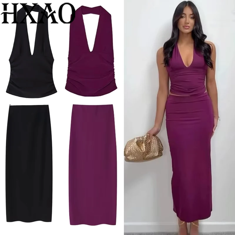

HXAO Skirt 2 Piece Set Halter Crop Top Women Long Skirt Outfit Ruched Tight Pencil Skirt And Top Two Piece Set Summer Set 088