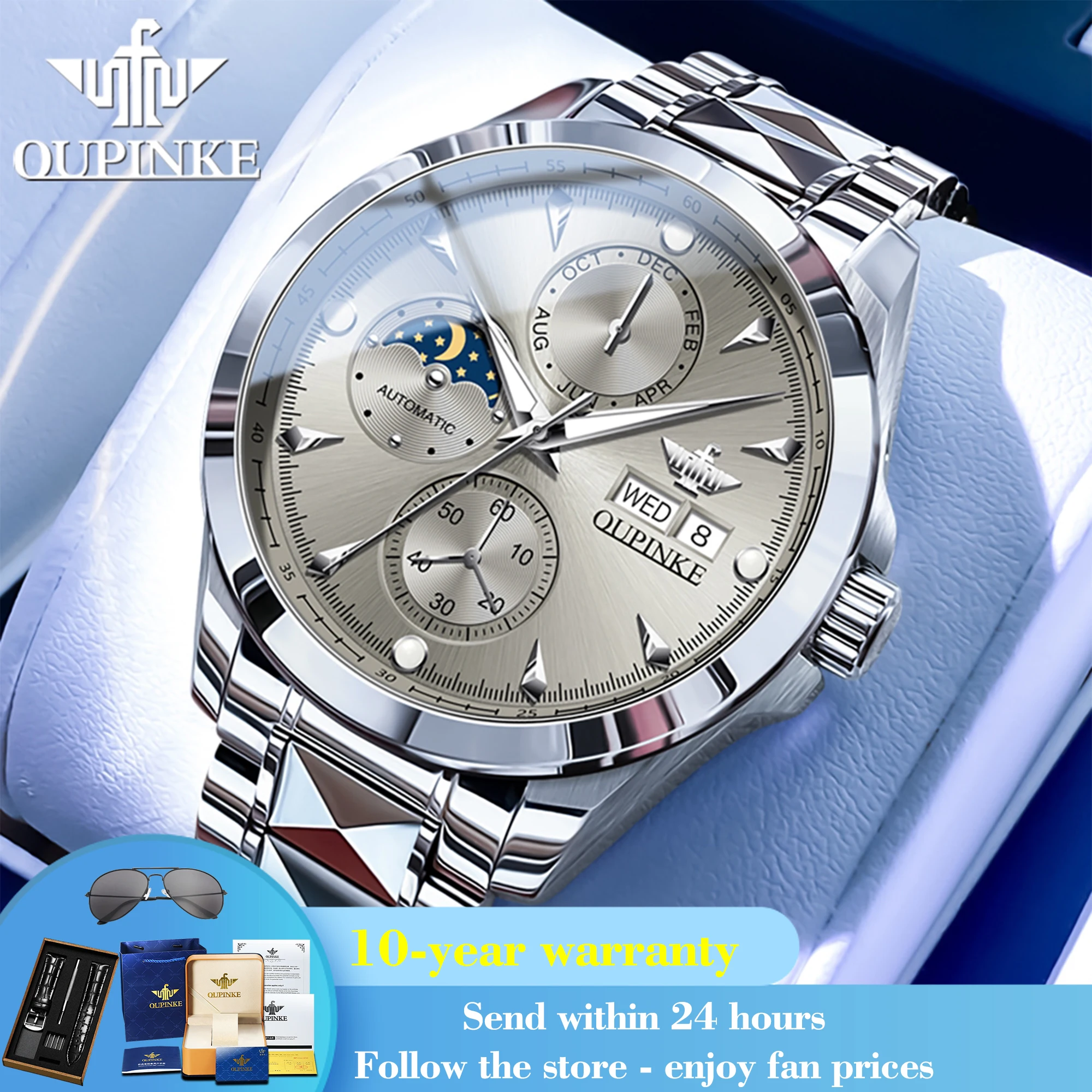OUPINKE 3299 Men Watch Moon Phase Fashion Automatic Mechanical Watch For Men Week Date Display Deep Waterproof Man Wristwatch